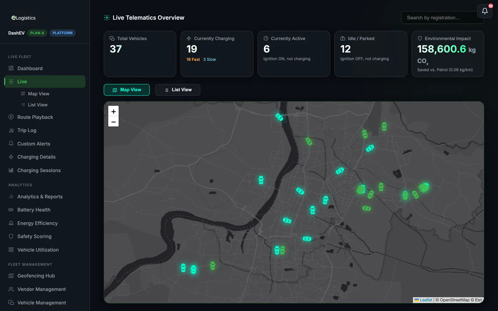 eLogistics fleet telematics — live map of the fleet with status tiles